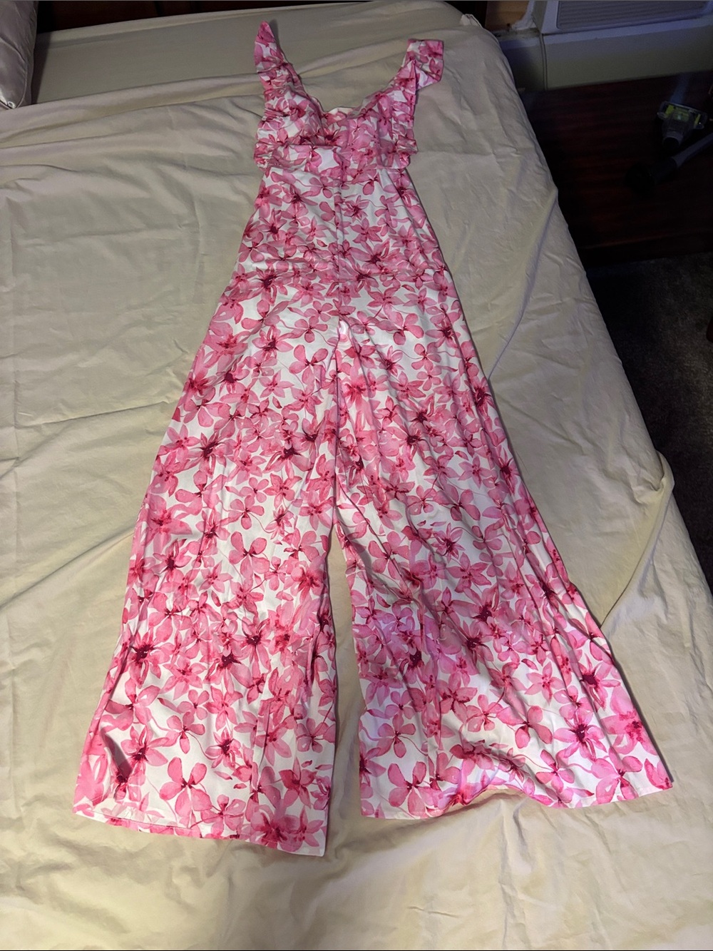Francesca's Collections Pink Floral Ruffle-Strap Wide Leg Jumpsuit